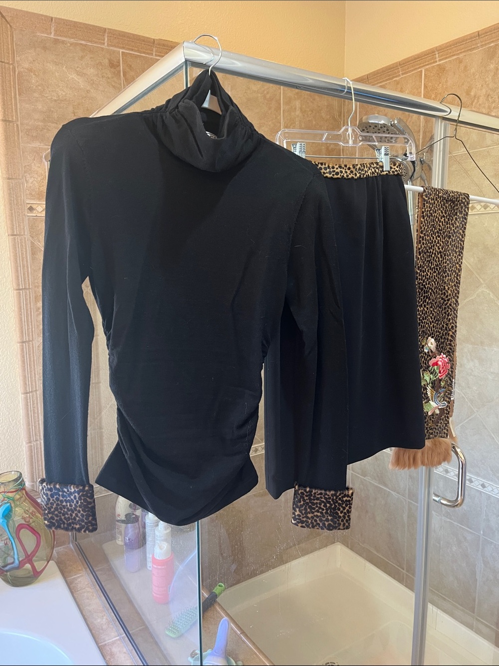 Carlisle Black Long-Sleeve Turtleneck with Leopard Trim